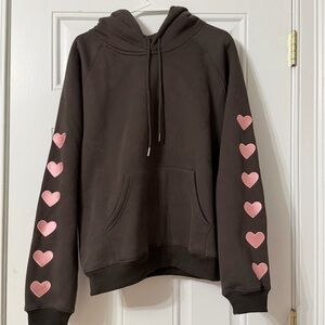 Women’s Brown Hoodie Sweatshirt with Pink Heart Sleeve Detail